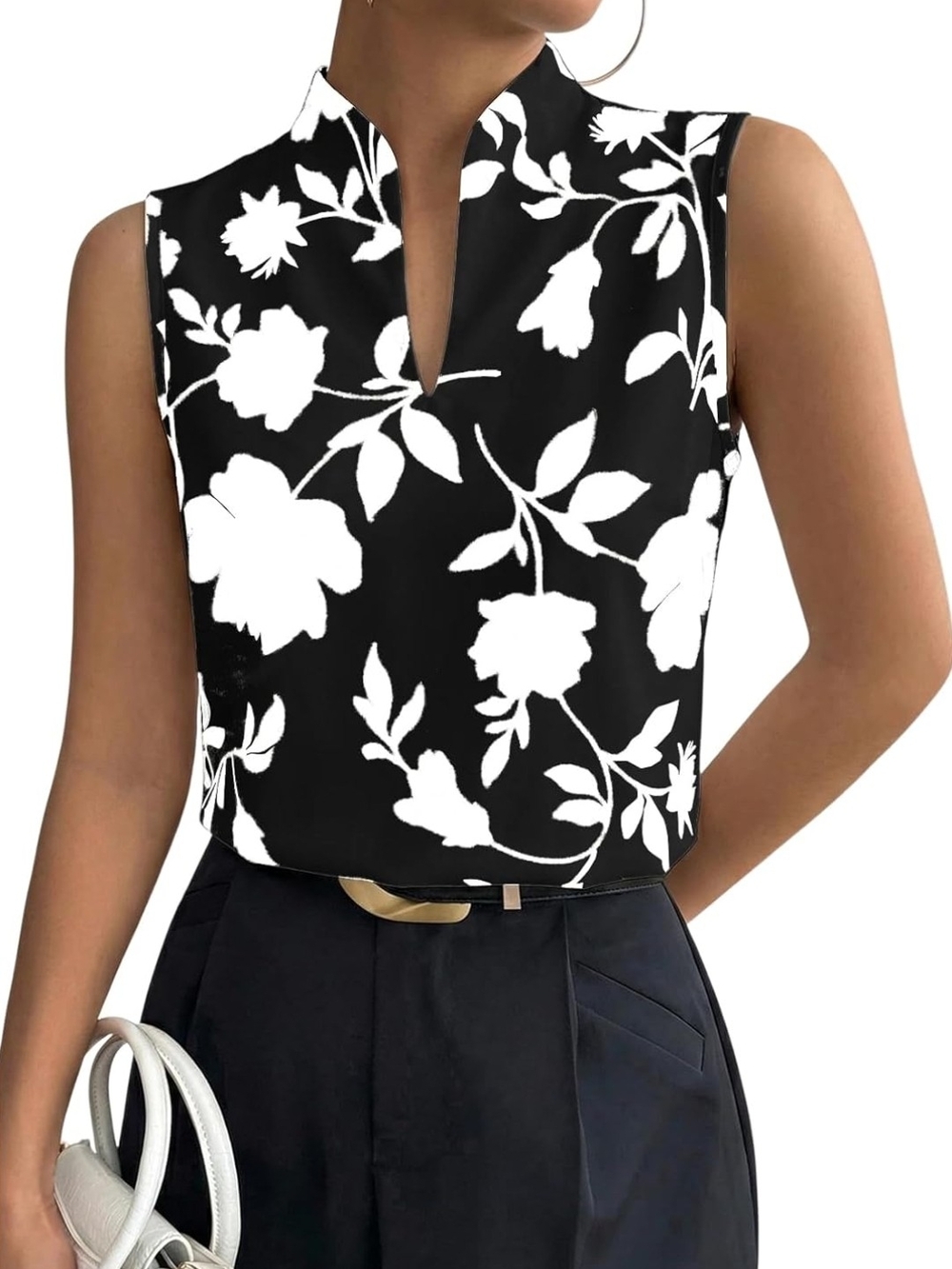 Sleeveless Black & White Floral Notch-Neck Top